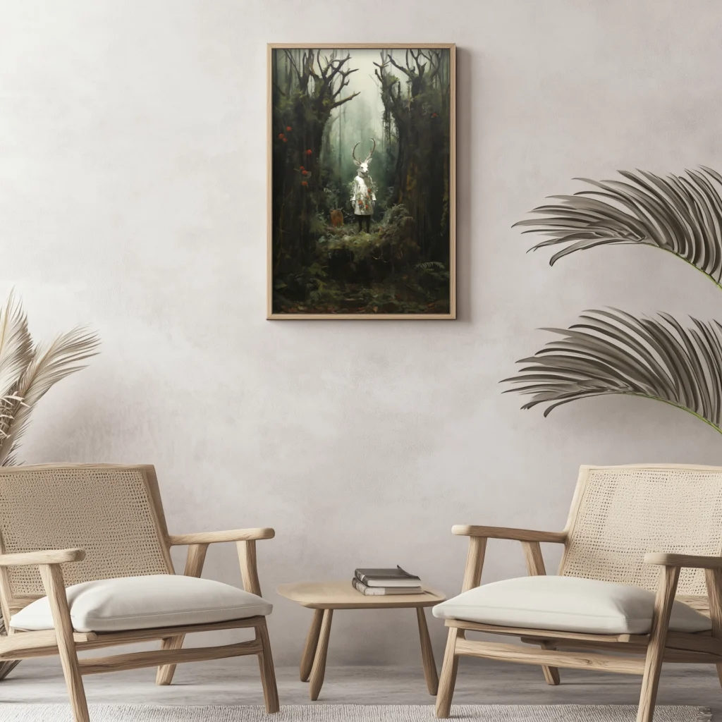 pan lasu,las,drzewa,rośliny,mistyczny,widok, światło,zgroza,horror,znaczenie,symbol,symbolika,bóstwo,szczęście,obraz,sztuka,dzieło sztuki, AI, ramy