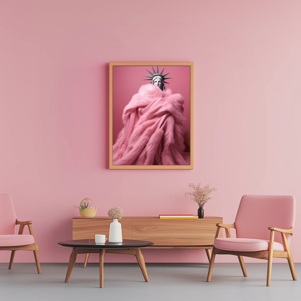 wolność,statua,statua wolności,feminizm,różowy,feministki,prawa kobiet,futro,różowe futro,symbol,symbolika,obraz,sztuka,dzieło sztuki, AI,drewno
