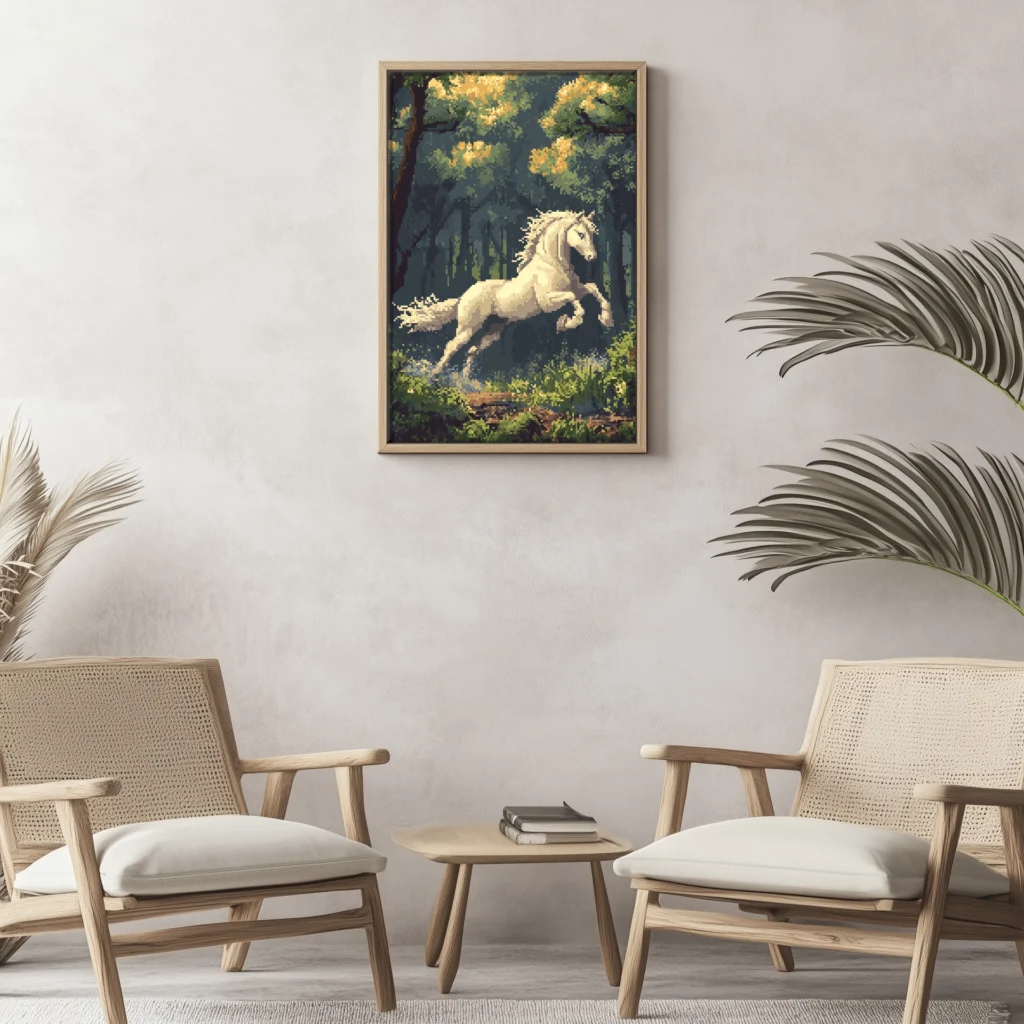 koń,zwierzę,las,bieg,biały, mistyczny,ciekawy,nietypowy,baśniowy,bajkowy,sen,marzenie,obraz,sztuka,dzieło,AI,drewno