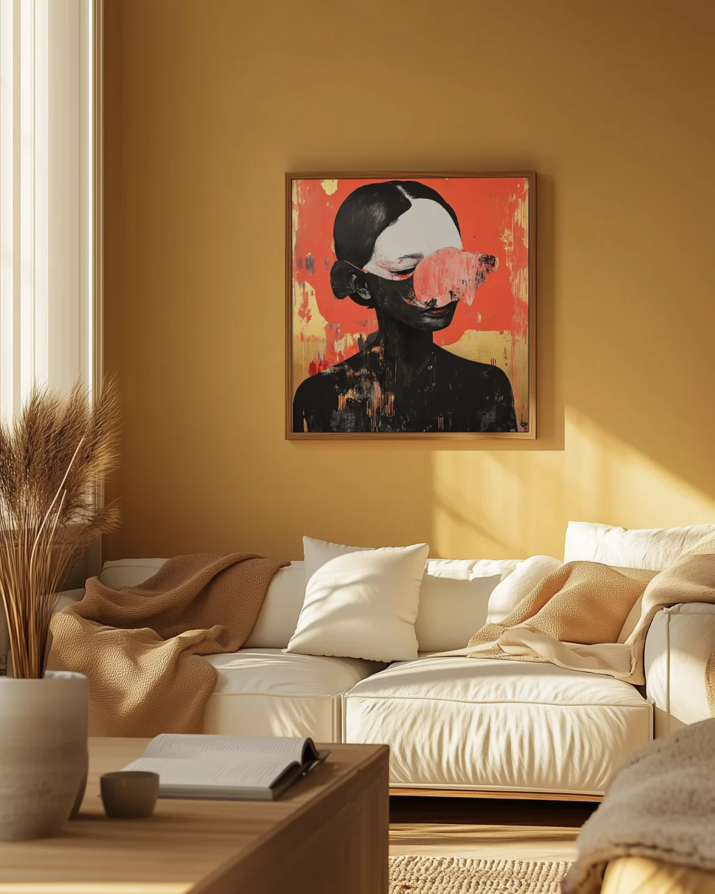 twarz,kolory,czarny,biały,czerwony,pomarańczowy,złoty,surrealizm,sztuka,wada,wnętrze,sztuka,dzieło,obraz,AI,drewno