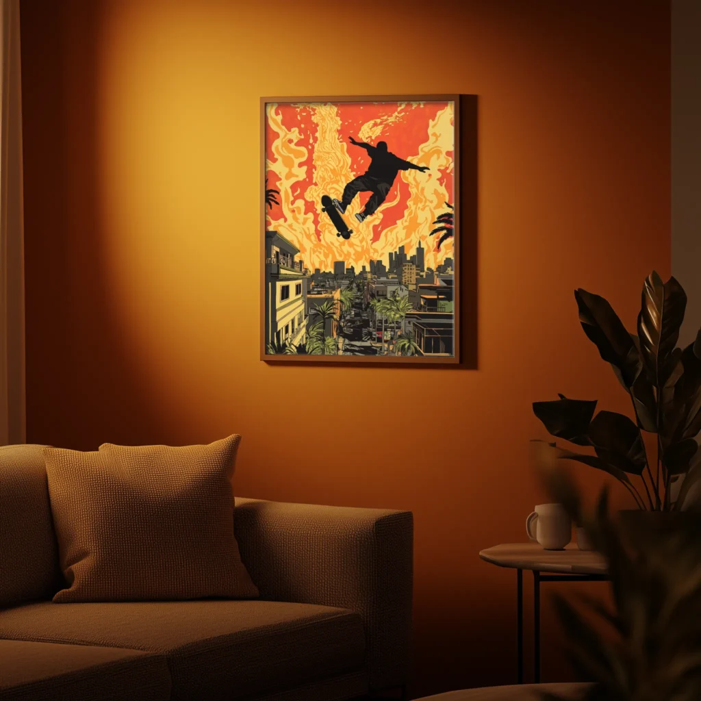 anarchia,skateboard,obraz,deska,skater,magia,enigma,zagadka,chaos,spokój,miasto,rośliny,budynki,ogień,czerwony,czarny