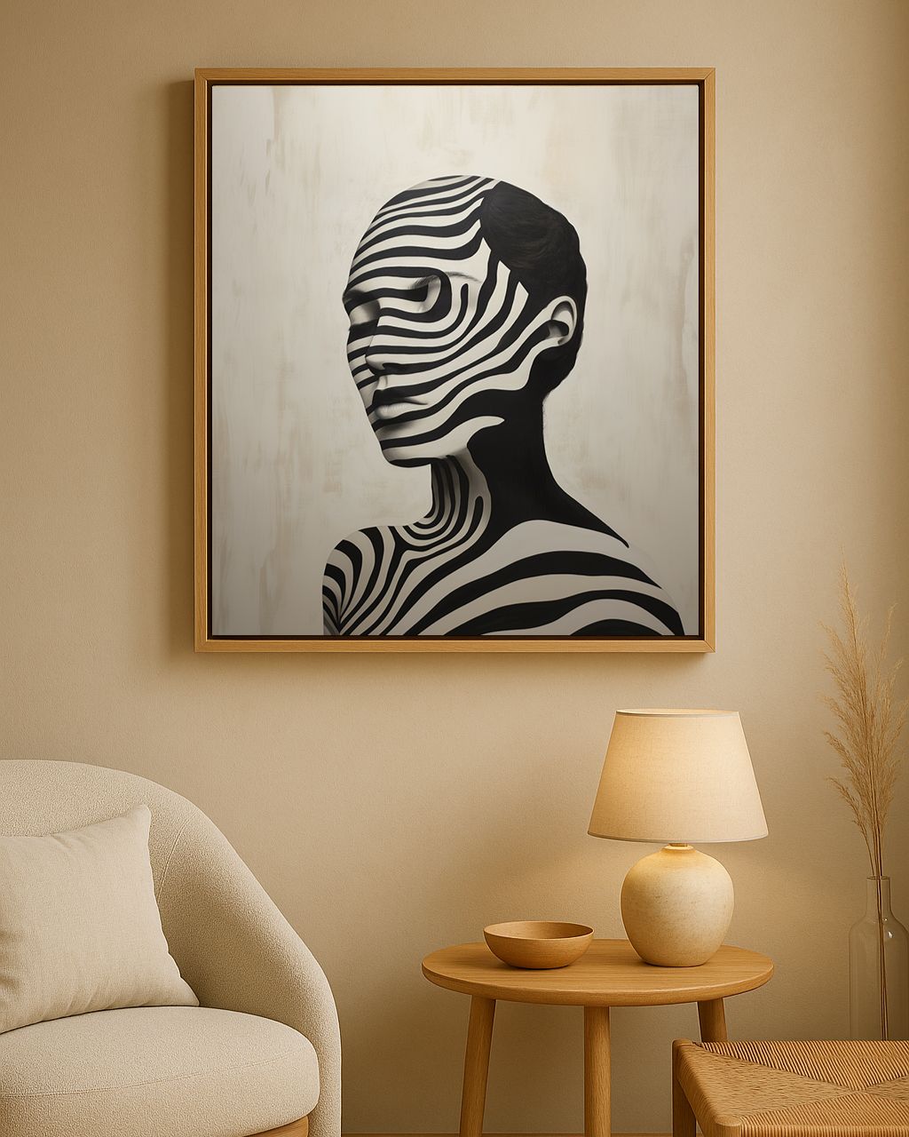 oblicze,twarz,kobieta,surrealizm,pasy,zebra,czarny,biały,portret,dzieło,sztuka,obraz,AI