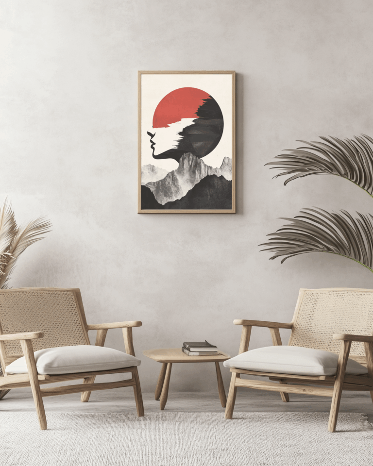 horyzont,twarz,profil,osoba,kobieta,surrealizm,kolory,symbol,symbolika,czarny,biały,szary,czerwony,dzieło,sztuka,AI,obrazy