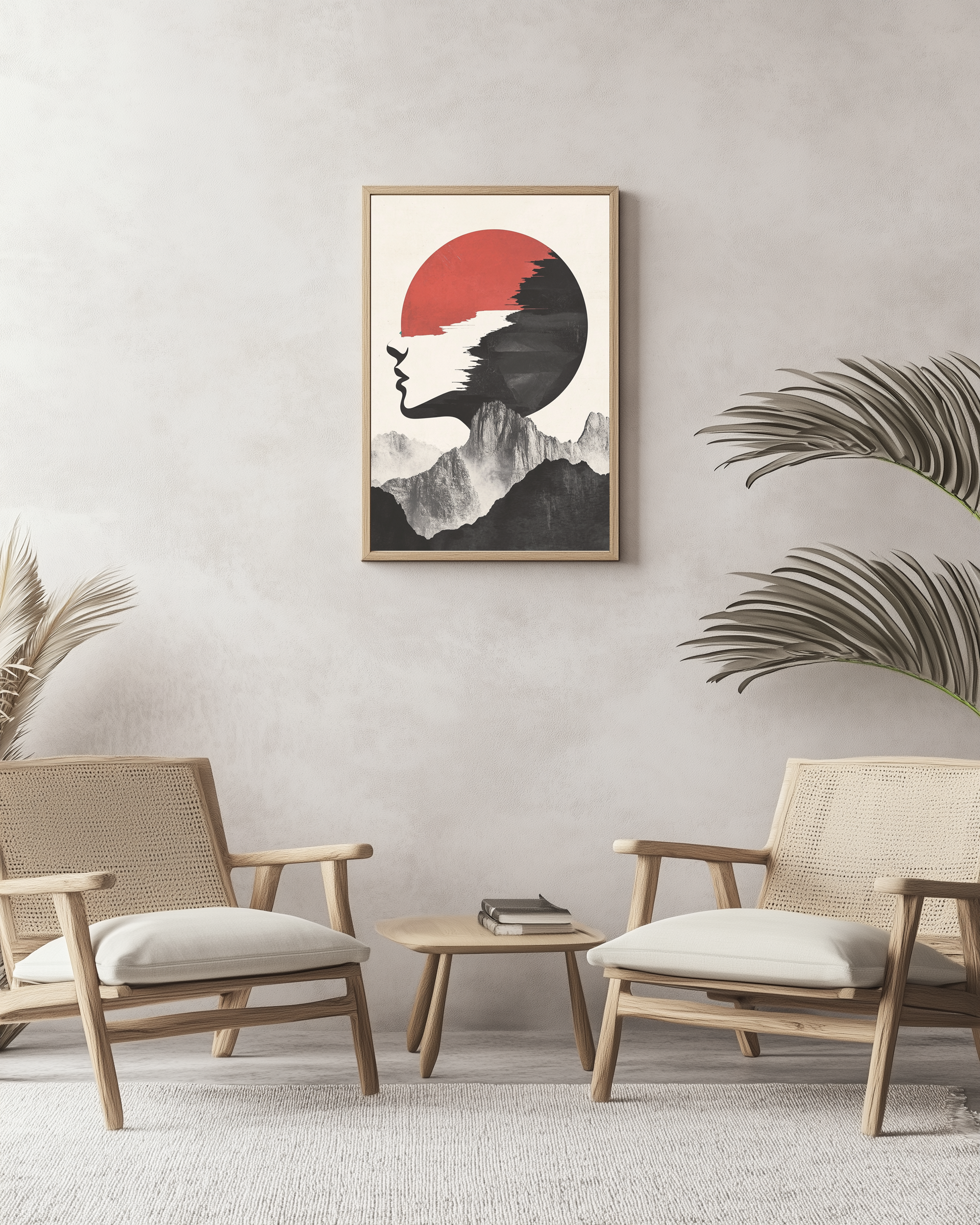 horyzont,twarz,profil,osoba,kobieta,surrealizm,kolory,symbol,symbolika,czarny,biały,szary,czerwony,dzieło,sztuka,AI,obrazy