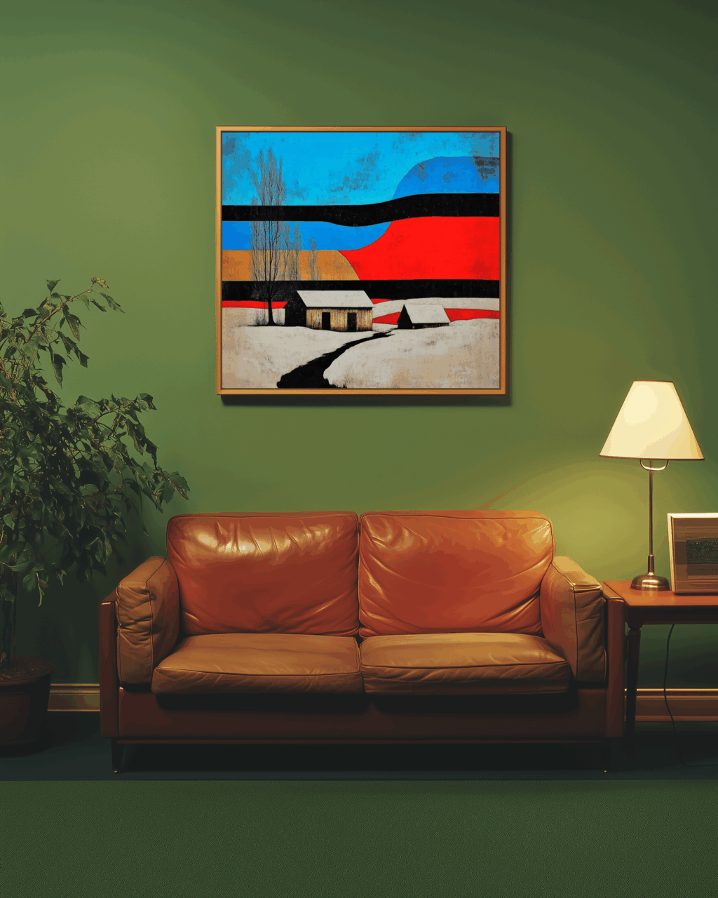 wioska,śnieg,niebieski,czerwony,domki,komin,droga,marzenie,sen,kolor,fantazja,dzieło,sztuka,obraz,drewno