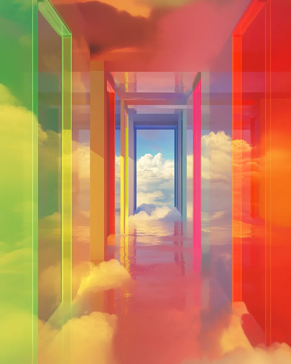 niebo,chmury,przejście,korytarz,ściany,niebieski,kolorowy,czerwony,żółty,zielony,sen,piękno,niebiosa,nostalgia,harmonia, obrazy AI sztuka tworzona przez sztuczną inteligencję nowoczesne obrazy do salonu ekskluzywna sztuka na sprzedaż luksusowe dekoracje ścienne unikalne obrazy w ramie sztuka przyszłości obrazy do nowoczesnego wnętrza kolekcjonerskie dzieła sztuki dekoracje premium na ścianę limitowane edycje obrazów sztuka cyfrowa i AI obrazy ARTIGEN nietypowe obrazy na płótnie obrazy w designerskich ramach sztuka generatywna nowoczesne obrazy w ramie dzieła sztuki na płótnie oryginalne obrazy do wnętrz obrazy na zamówienie