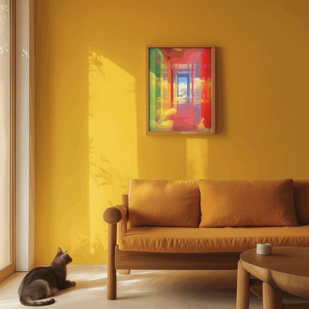 kolory,przejście,drzwi,chmury,marzenia,sny,design,ściana,kot,meble,sofa,stolik,drewno,sztuka